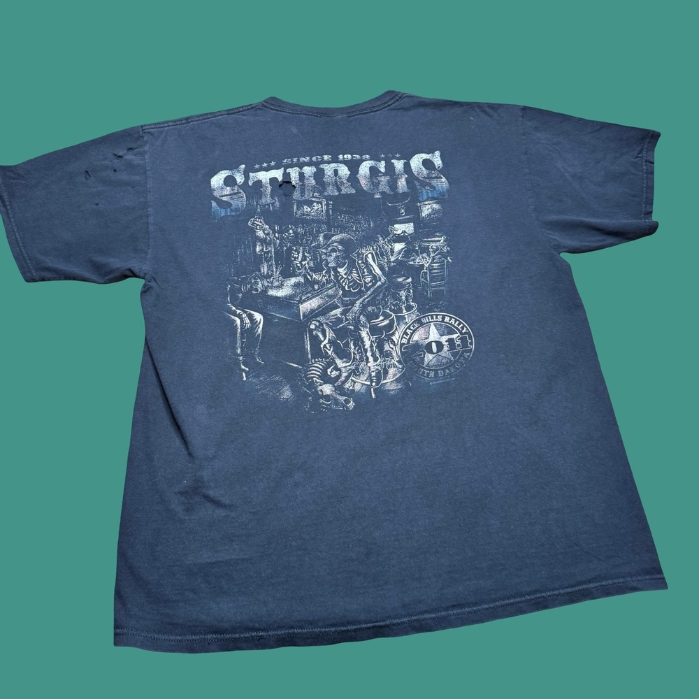 Hot Leathers Sturgis T Shirt XL Black Motorcycle Rally Skeleton Thrashed Faded